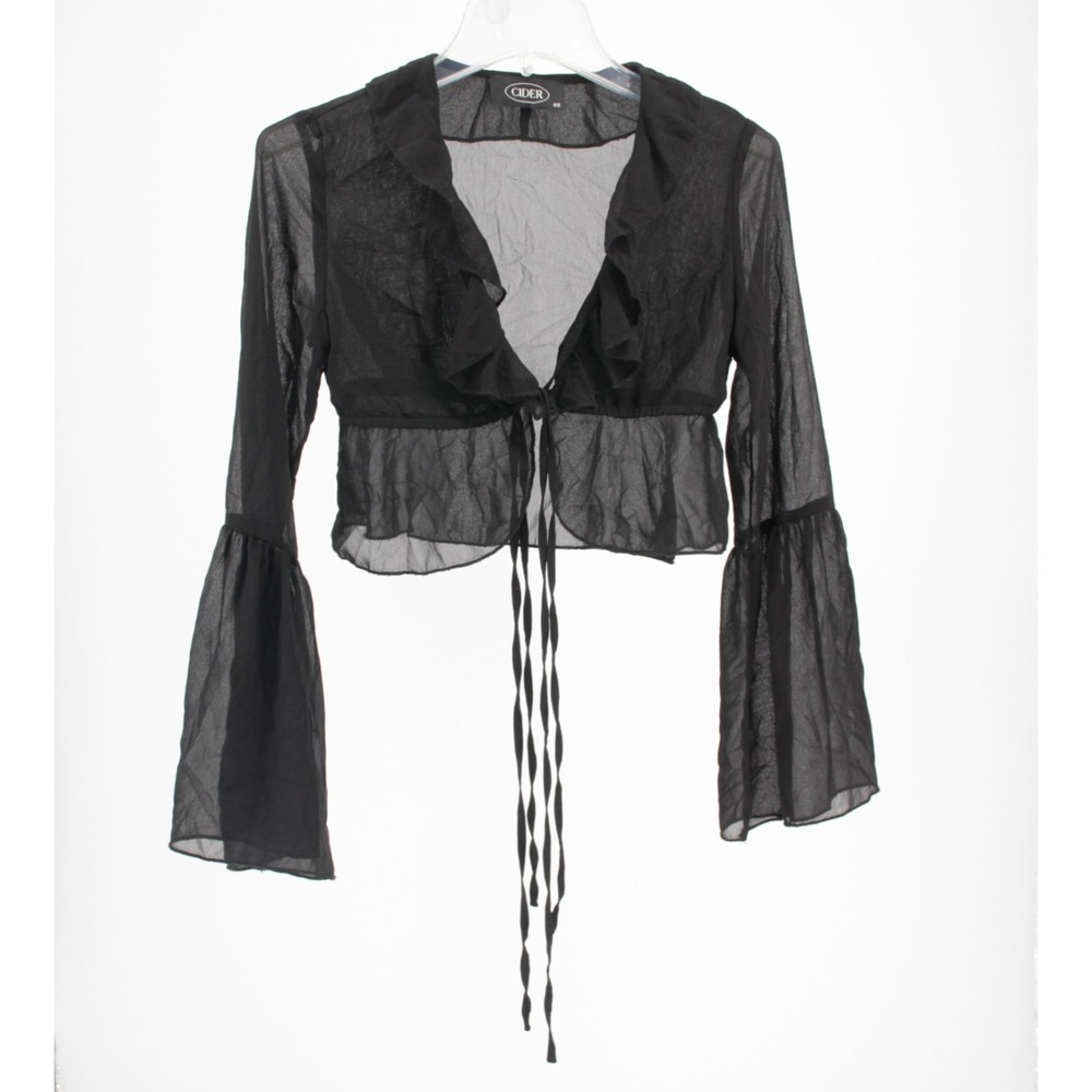 Cider Women's Black Sheer Ruffle Tie Front Crop‎ Top Size XS